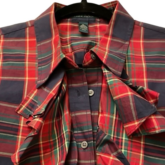 Ralph Lauren cotton Christmas plaid ruffle  button front shirt cuffs collar. XL - Picture 10 of 12
